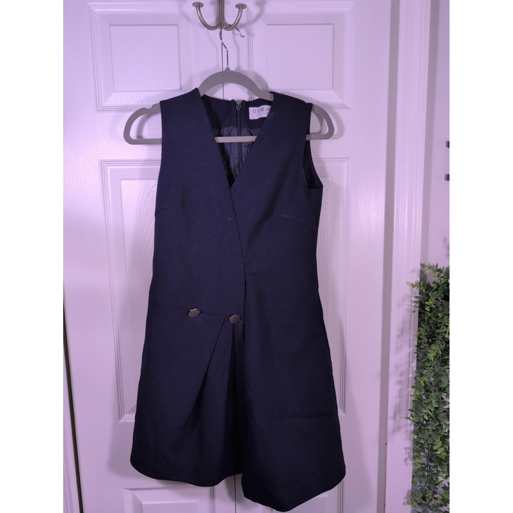 Osman London Navy Blue V-Neck Mini Dress with Silver Buttons US 2